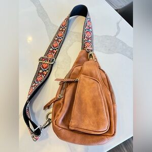 Antik Kraft Tasha Webbing Crossbody Sling Bag Embroidered Strap. Camel color